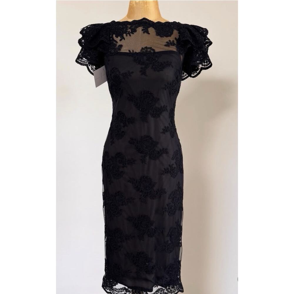 MARCHESA size 6 Black Lace Dress Embroidered Ruffle Knee Length Lined